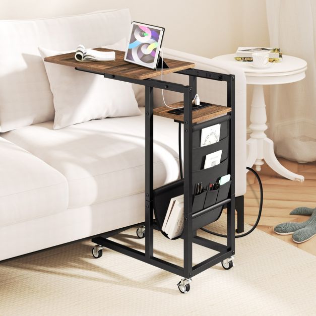 Tavolino Piccolo Con Stazione Di Ricarica USB E Prese - Comodino Stretto 60x30x61 Cm, Con Tasca Portaoggetti Per Soggiorno E Camera Da Letto