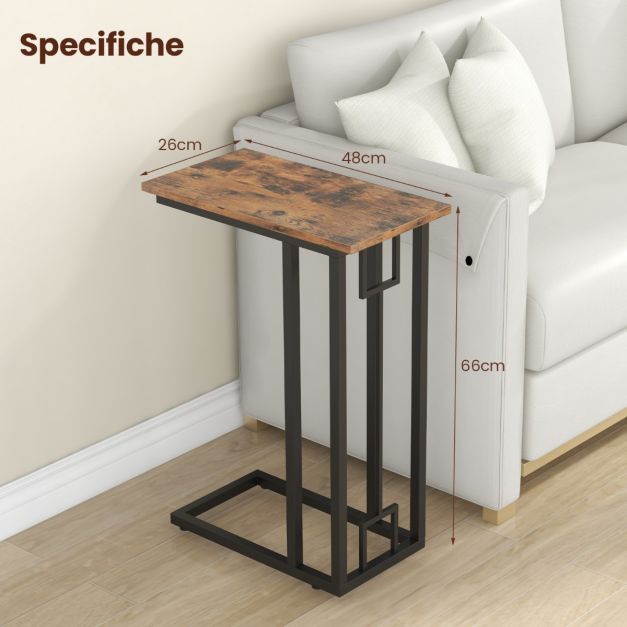 Tavolino A Forma Di C Huisenitre Con Ripiano Portaoggetti, Industiale, In Legno Noce E Metallo, Per Divano E Letto - 2