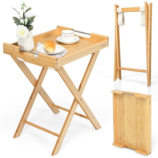 Tavolino pieghevole in bambù con vassoio rimovibile e maniglie in acciaio,  Tavolino multiuso da salotto Naturale - Costway
