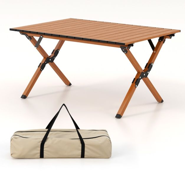 Tavolo da campeggio pieghevole in alluminio, Tavolo da picnic effetto legno  con borsa da trasporto Naturale - Costway