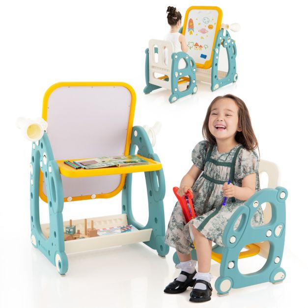 Tavolo da disegno per bambini con sedia, Set tavolo e sedia per attività  con lavagna bianca regolabile a 3 livelli Blu - Costway