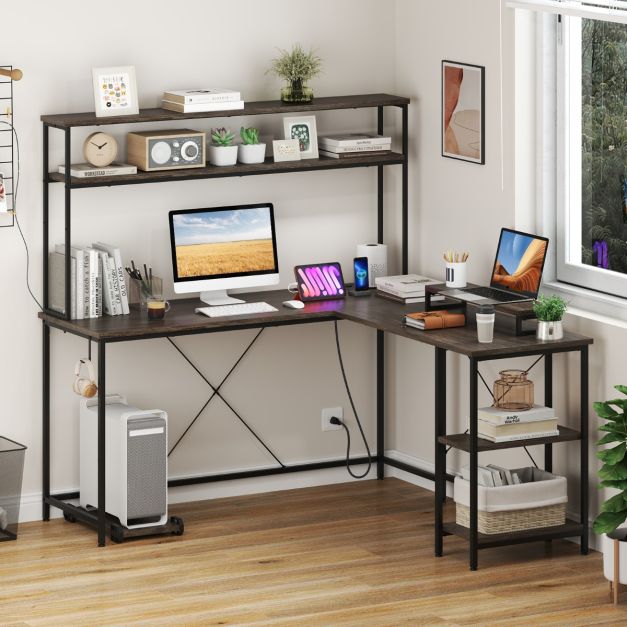 Yaheetech Scrivania per Computer a Forma di L con Prese di Corrente Scrivania Angolare per Ufficio con Supporto per Monitor Scaffale Laterale e 4 Casetti 120 cm Bianco