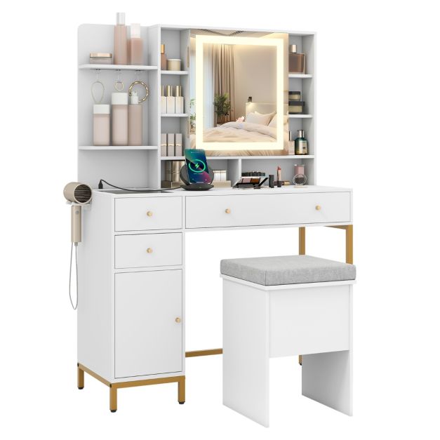 GarveeHome Scrivania Toeletta Con Specchio LED E Sedia - Set Da Trucco Con Cassetti E Stazione Di Ricarica