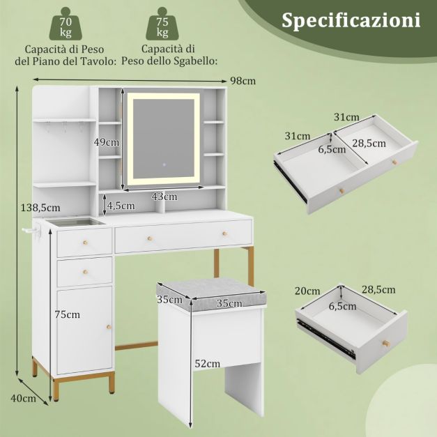 Toeletta Trucco Con 6 Cassetti, Tavolo Da Trucco Moderna Specchio Con Luci A LED A 3 Colori, Postazione Trucco Con Sgabello Imbottito E Armadietto, Per Camera Da Letto Per Ragazze E Donne