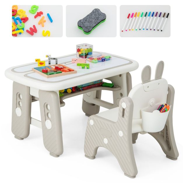 Tavolo e sedia per bambini con mensola ribaltabile lavagna magnetica  cancellabile, Tavolo e sedia per imparare Grigio - Costway