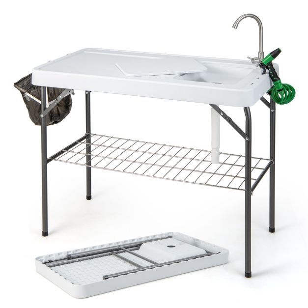 Tavolo lavello da campeggio portatile, Tavolo pieghevole per pulire pesce  con griglia ugello spruzzatore - Costway