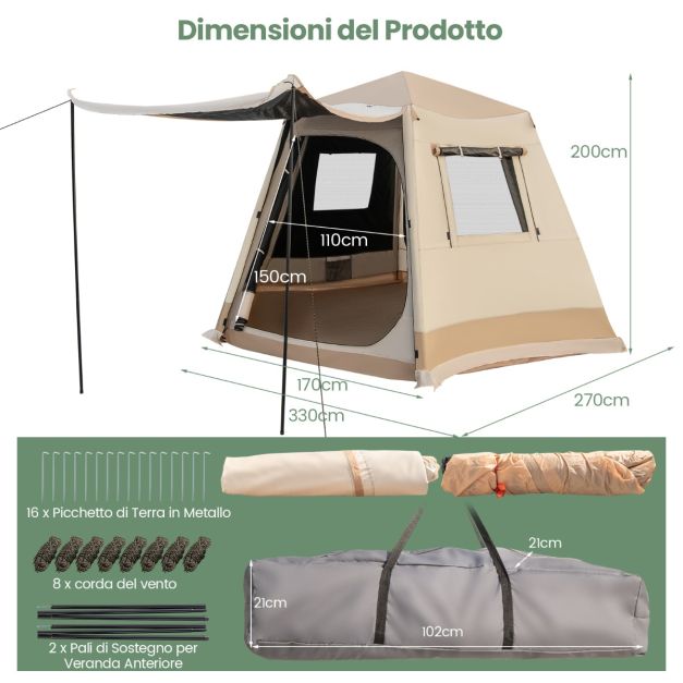 Tenda Pop-up Istantanea 2-3 Persone – Impermeabile, Antivento, Con Doppia Porta E Vestibolo – Per Campeggio, Spiaggia, Trekking, Verde - 2