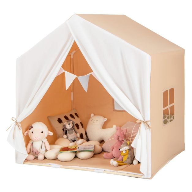 Tenda gioco per bambini con tappetino lavabile e bandiera, Tenda con  finestre struttura in legno - Costway
