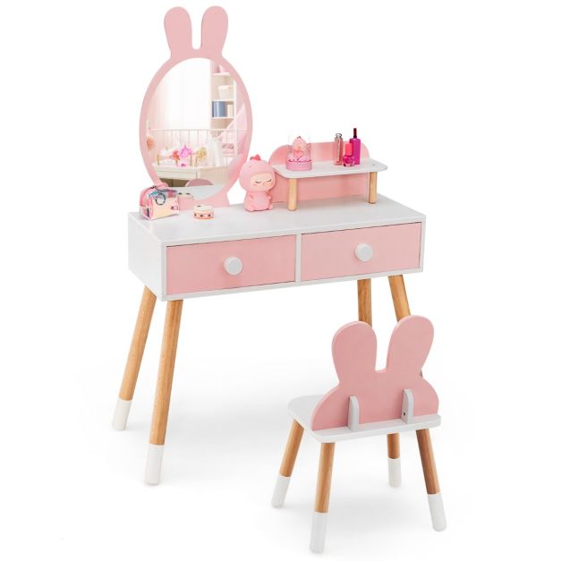 Toeletta con specchio a forma di coniglio per bambini, Set tavolo e sedia  toeletta con cassetti e sgabello - Costway