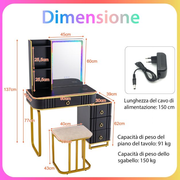 YESHOMY Vanity Desk con specchio, presa di corrente Italia