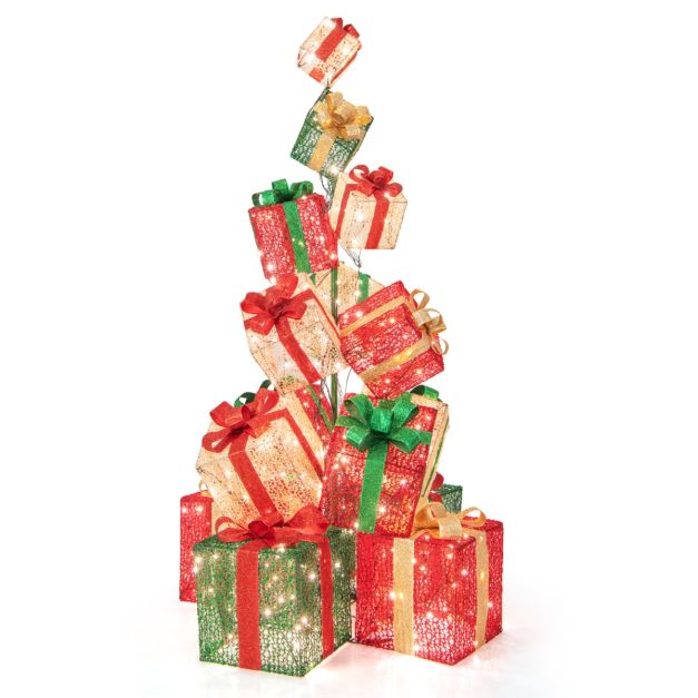 Torre di scatole regalo con 450 luci bianche calde, 15 Scatole regalo  pre-illuminate impilate 100x100x170cm