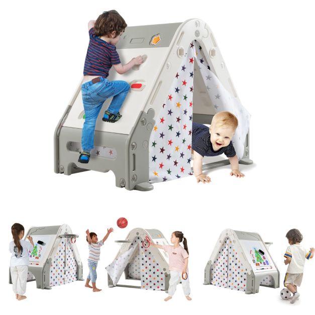 Triangolo per bambini con copertura della tenda parete di arrampicata,  Tenda per bambini 6 in 1 Grigio - Costway