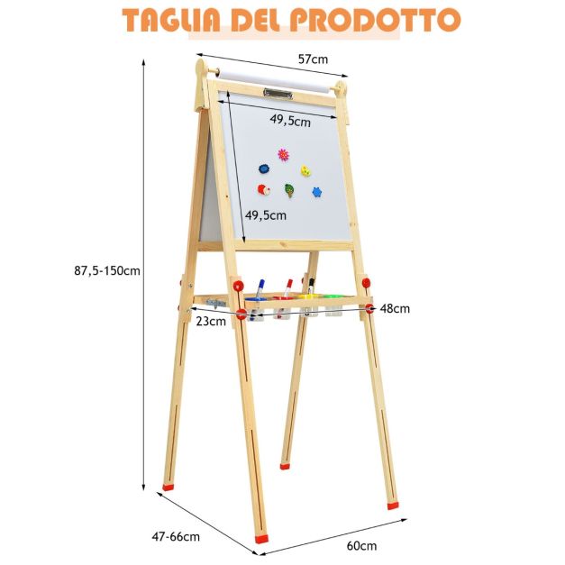 AIYAPLAY Lavagna a cavalletto per bambini 3 in 1 lavagna bifacciale con lavagna magnetica - rotolo di carta + 2 cestini portaoggetti integrati - bambini 3-6 anni in legno grigio