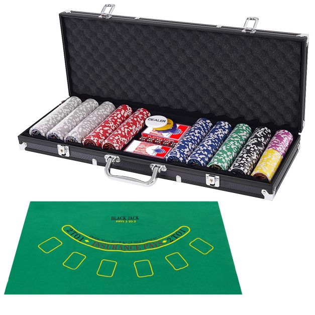 12 G Combinazione Professionale con Custodia in Alluminio Carte da Gioco Dadi E Tovaglia del Commerciante,A Bueuwe Set di Fiches da Poker da Casinò da 500 Pezzi Set da Poker Texas Holdem 