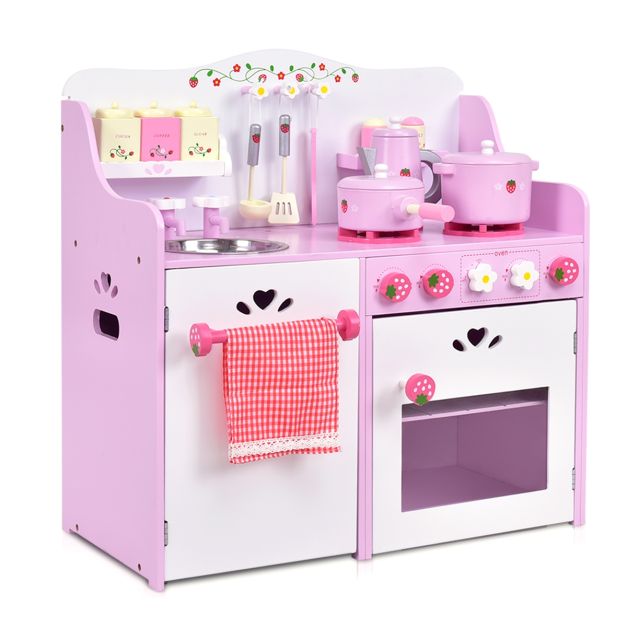 Giocattolo da cucina per bambini in legno a tema fragole con accessori 13  pezzi 60x30x62cm Rosa - Costway