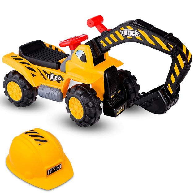 Ruspa giocattolo cavalcabile per bambini 3-5 anni Giocattolo veicolo con  casco giallo e 3 pezzi di giocattoli da spiaggia - Costway