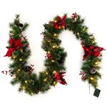 Ghirlanda natalizia con 100 luci a batteria, ghirlanda artificiale preilluminata con palline rosse, pigne, rami di cedro, per decorazioni natalizie