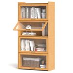 COSTWAY Armadietto Da Cucina In Bambù 3 Ripiani Con Ante In Acrilico - 49x40x130 Cm, Vetrina Espositore Salvaspazio Per Soggiorno, Naturale