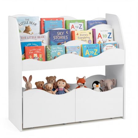 Libreria Montessori per bambini con 3 ripiani aperti e 2 cassetti su rotelle, ideale per organizzare libri e giocattoli.