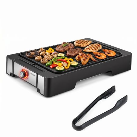 Griglia barbecue elettrica da tavolo da 2300W con piastra antiaderente a 2 zone e vassoio raccogli-grasso per cottura facile.