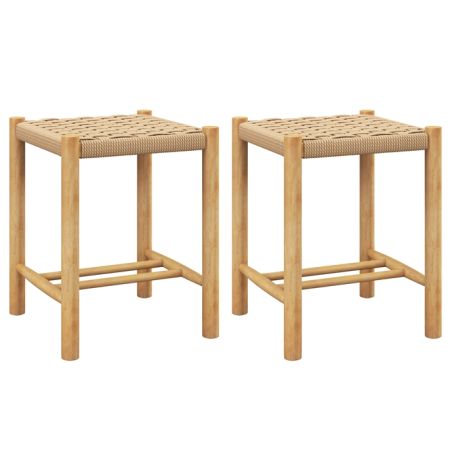 2 Sgabelli in legno di gomma con seduta intrecciata in carta, Sgabelli senza schienale Naturale 36x36x45cm