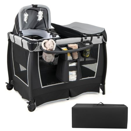 Lettino da viaggio per bambini 6 in 1, box portatile per bambini con dondolo e fasciatoio, verde/grigio