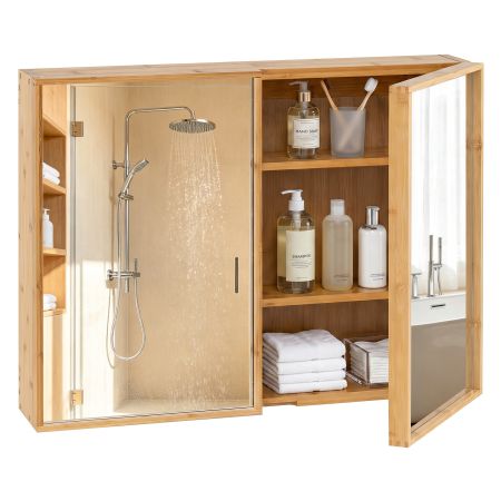 Armadio a specchio da bagno in bambù con 2 ante e 2 ripiani regolabili, ideale per ottimizzare lo spazio nel bagno.