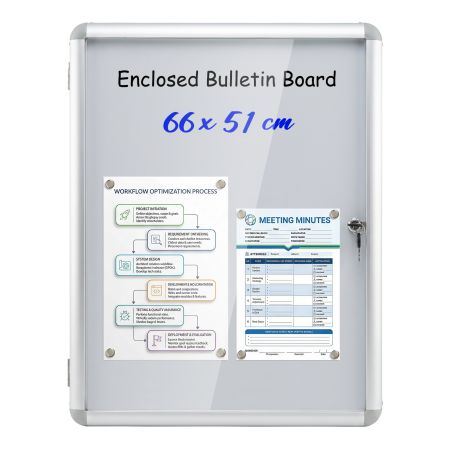 Bacheca magnetica da parete 66 x 51 cm in PET trasparente, con chiave e telaio in alluminio, ideale per uffici e scuole.