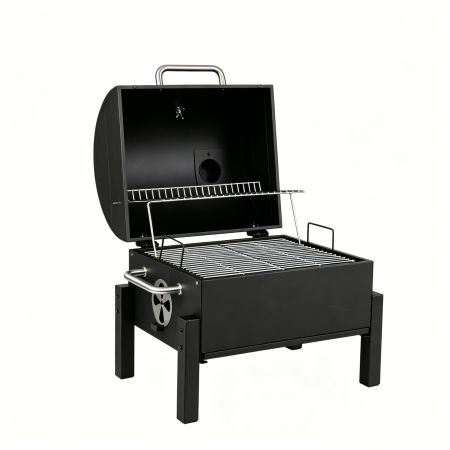 Barbecue a carbonella portatile con coperchio, griglie a doppio livello e termometro, ideale per campeggio e barbecue all'aperto.