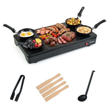 Barbecue elettrico da tavolo con piastra antiaderente e 4 wok, ideale per grigliare e cucinare per 4 persone.