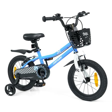 Bicicletta per bambini con stabilizzatori, freni a V e cestino, ideale per l'allenamento su terreni irregolari.