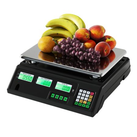 Bilancia elettronica in acciaio inox con schermo doppio, capacità fino a 40 kg e funzione tara, ideale per supermercati.