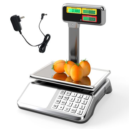 Bilancia elettronica professionale con display LCD bifacciale, ideale per pesare frutta e verdura in negozi e mercati.