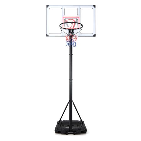 Canestro da basket portatile con supporto regolabile, ruote integrate e tabellone in PC resistente per uso interno ed esterno.