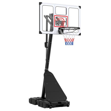 Tabellone del canestro da basket portatile con sistema a doppia ruota, ideale per spostamenti facili in giardino.