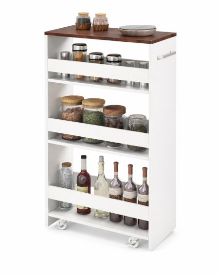 Carrello portaoggetti da cucina con maniglia ruote, Scaffale mobile salvaspazio con scaffali stretti