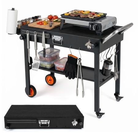 Carrello da barbecue pieghevole con piano di lavoro termoisolato, 7 ganci e ruote per facile spostamento all'aperto.