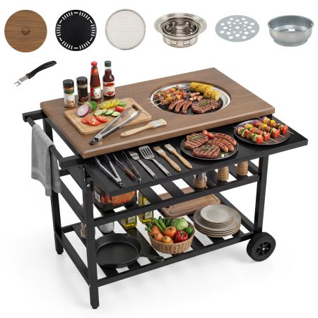Carrello barbecue con forno smontabile, griglie in metallo e ripiani, ideale per grigliate all'aperto e picnic.