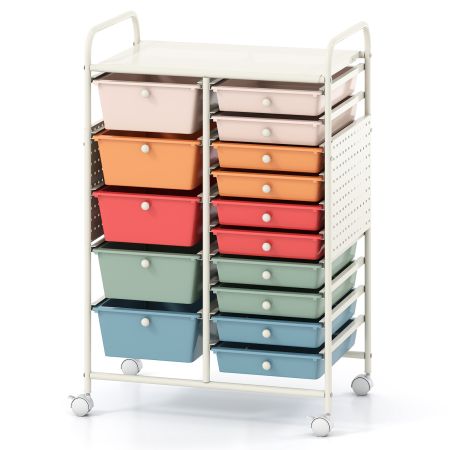 Carrello portaoggetti multicolore con 15 cassetti rimovibili e piano in metallo, ideale per organizzare spazi in casa.