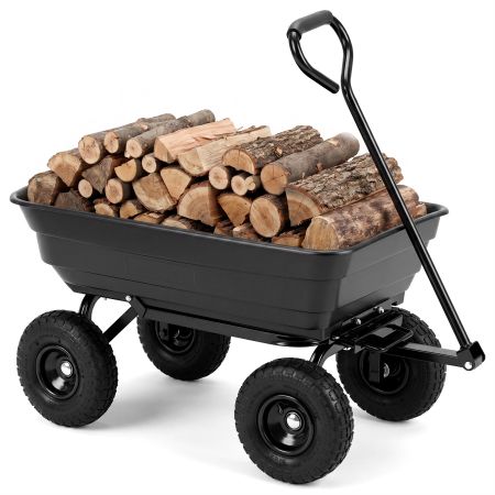 Carrello da giardino con 4 ruote pneumatiche, cassone da 75 L e manico regolabile, ideale per trasportare legname pesante.