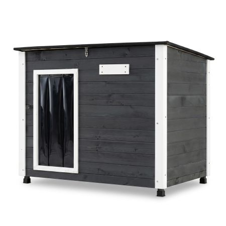Casetta per cani e gatti in legno con tetto inclinato apribile, porta in PVC e piedini antiscivolo per esterni.