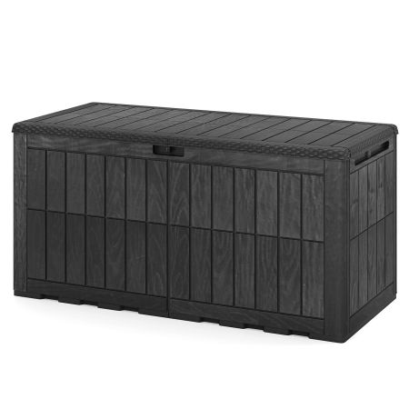 Contenitore da esterno in PP nero con coperchio, grande capacità di 380 l, utilizzabile anche come panca per 2-3 persone.