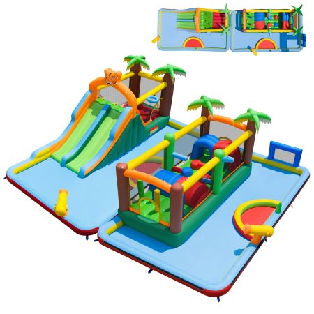 Parco acquatico gonfiabile 9 in 1 con scivoli, piscina, muro arrampicante e giochi per bambini da 3 a 12 anni.