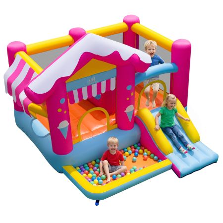 Castello gonfiabile per bambini con trampolino, scivolo e piscina di palline, ideale per divertimento interno ed esterno.