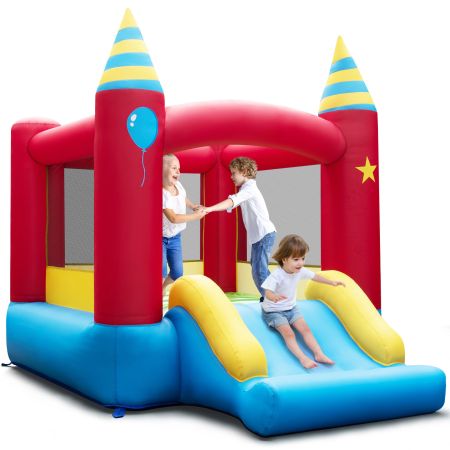 Castello gonfiabile portatile per bambini con scivolo, realizzato in tessuto oxford resistente e dotato di rete protettiva.