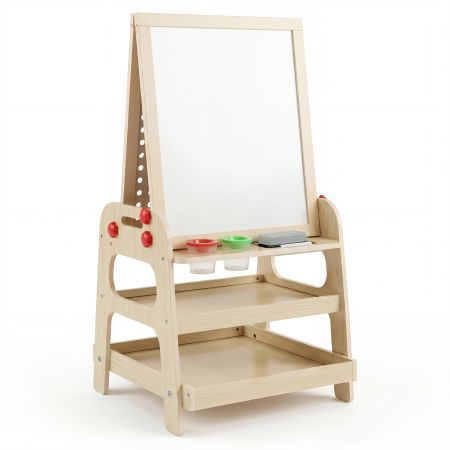 Cavalletto per bambini 2 in 1 con lavagna magnetica, ripiani per colori e pista per biglie, ideale per la creatività.