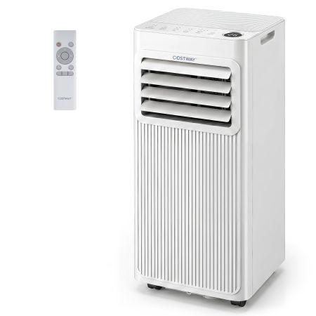 Condizionatore portatile 3 in 1 con raffreddamento, ventilazione e deumidificazione, dotato di telecomando e ruote.