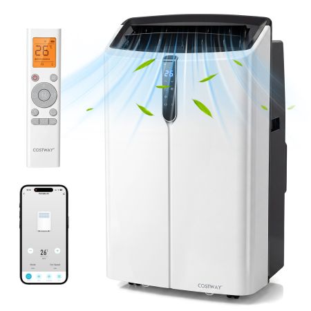 Condizionatore portatile 5 in 1 con telecomando, 14.000 BTU, silenzioso a 47dB, ideale per raffreddamento e riscaldamento.