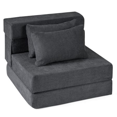 Divano letto comodo pieghevole in tessuto chenille, Poltrona letto convertibile 3-in-1 con 2 cuscini 72 x 76 x 58 cm Grigio