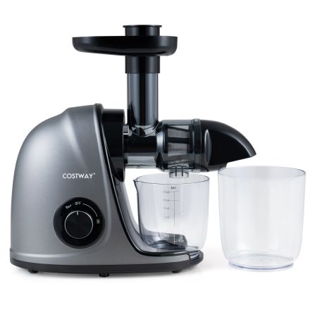 Estrattore di succo a freddo in argento da 150W con funzione inverso, silenzioso a 60dB e apertura di 4,4 cm.